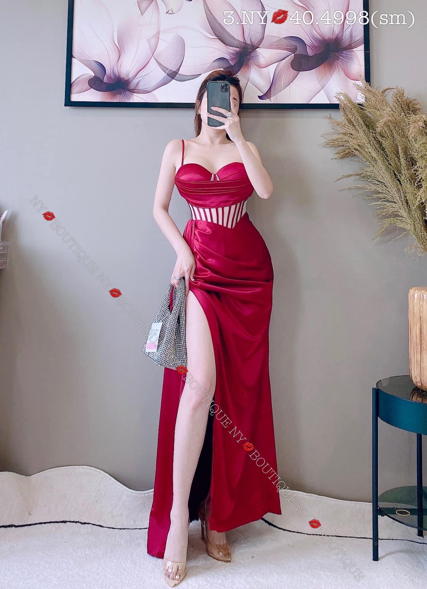 Sale lớn, đầm phi lụa phối lưới có mút lót quần hai dây xẻ tà quyến rũ up