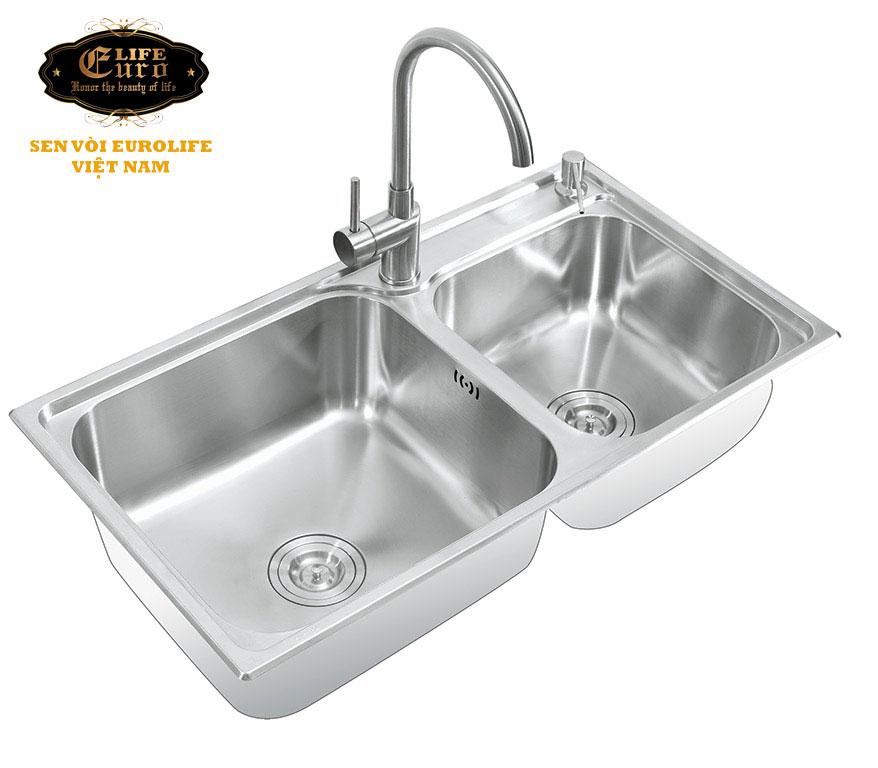 (Có video) Chậu Inox SUS304 2 hố Eurolife EL-C7843 (Trắng bạc)