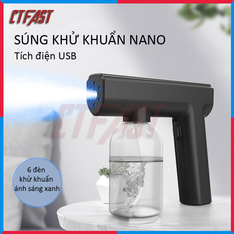 Máy phun khử trùng nano cầm tay CTFAST - 05 : Máy phun khử trùng gia đình tích điện không dây kết hợp ánh sáng xanh an toàn, khử trùng, diệt khuẩn, đuổi muỗi
