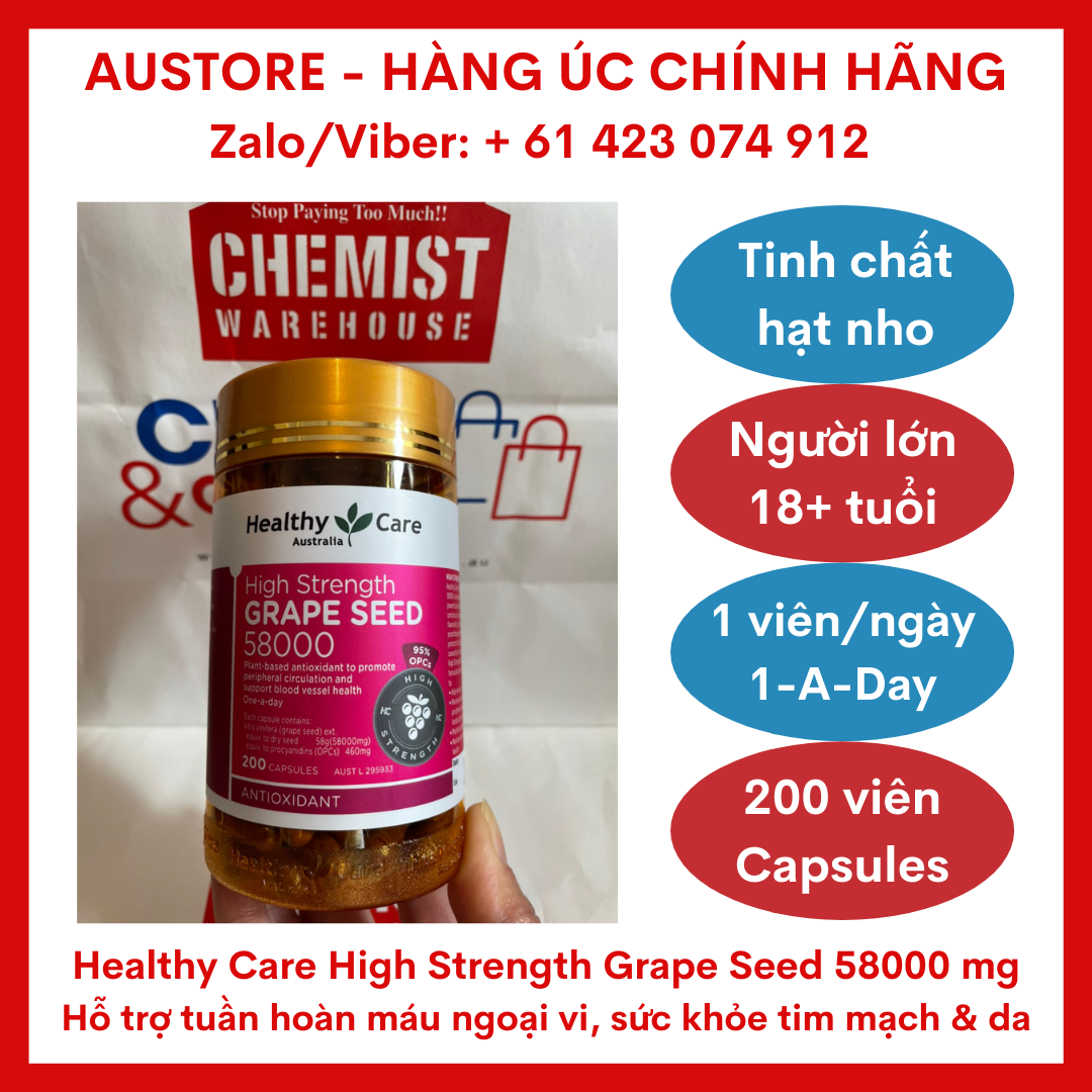 [Bill Úc, Date 06/2023] Healthy Care Grape Seed 58000 200 Capsules - Tinh chất hạt nho Healthy Care hàm lượng siêu cao 1 viên/ngày giúp tăng cường lưu thông máu ngoại vi, hỗ trợ sức khỏe mạch máu & bảo vệ tế bào cơ thể khỏi tổn hại g