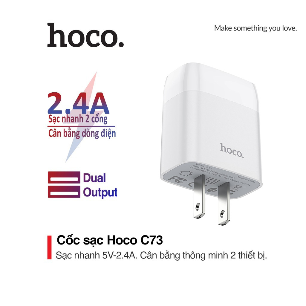 Củ sạc nhanh 2.4A Hoco C73 chuôi dẹt chất liệu chống cháy cao cấp cho Iphone/Ipad/Samsung/Nokia/Huawei
