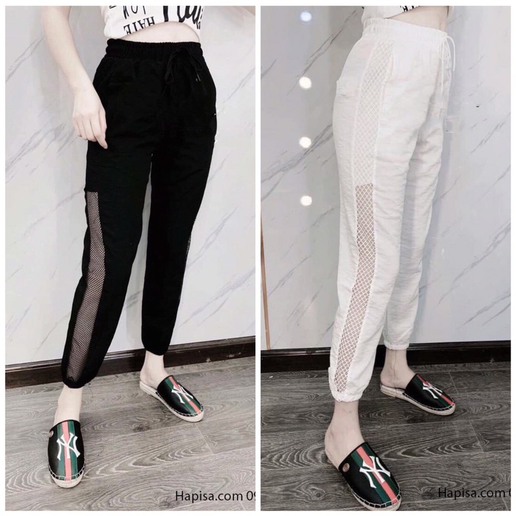 Quần jogger nữ chất đũi gió phối lưới sườn hai bên