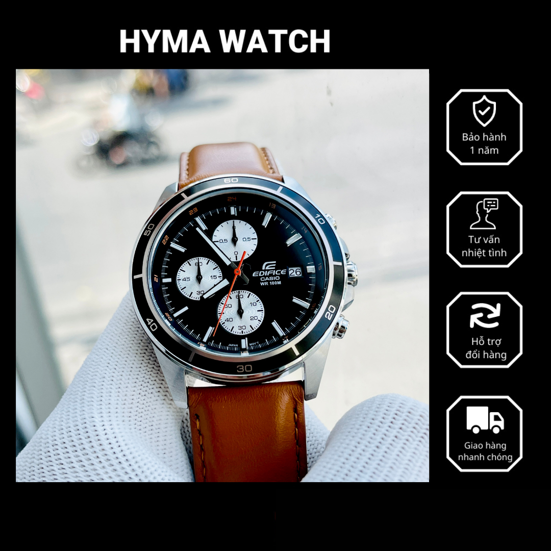Đồng hồ nam casio edifice efr 526l-1b dây da mặt đen chống nước 100m bảo hành 5 năm hyma watch