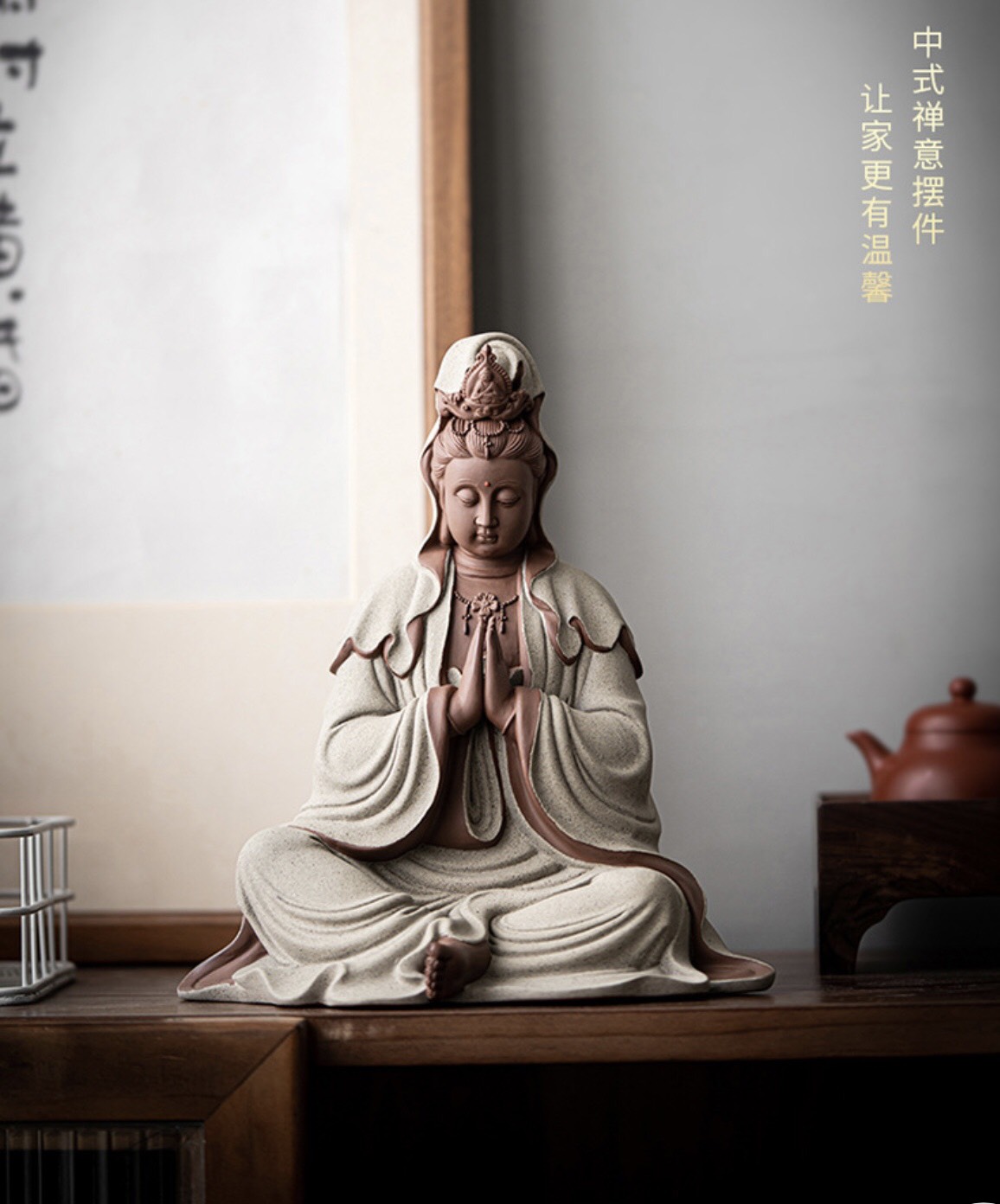 Tượng quan âm ngồi thiền gốm tử sa- tượng phật bà tịnh tâm trang trí decor không gian thiền tịnh