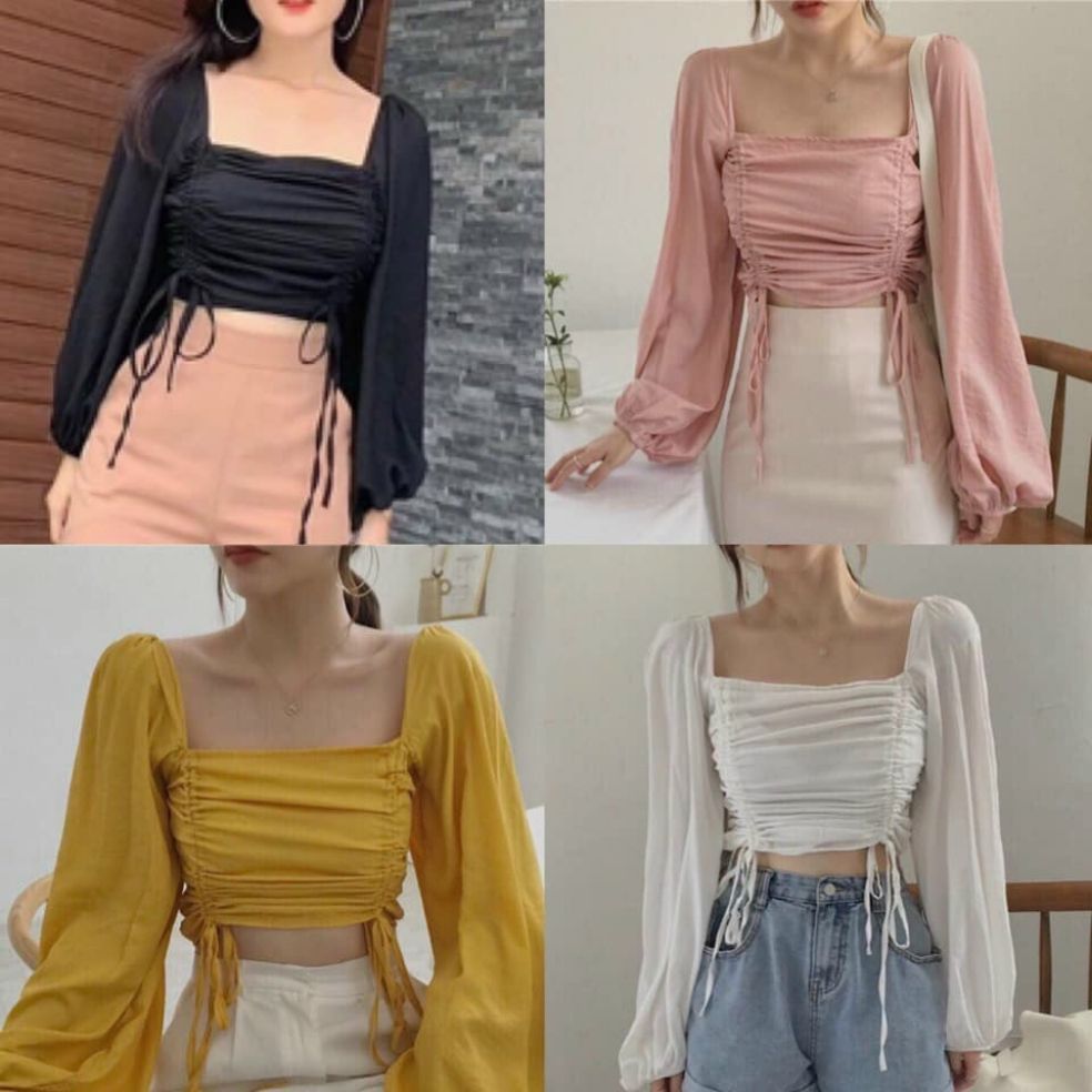ÁO KIỂU NỮ CROPTOP TRỄ VAI ÁO RÚT DÂY HAI BÊN DỄ THƯƠNG FORM 50KG