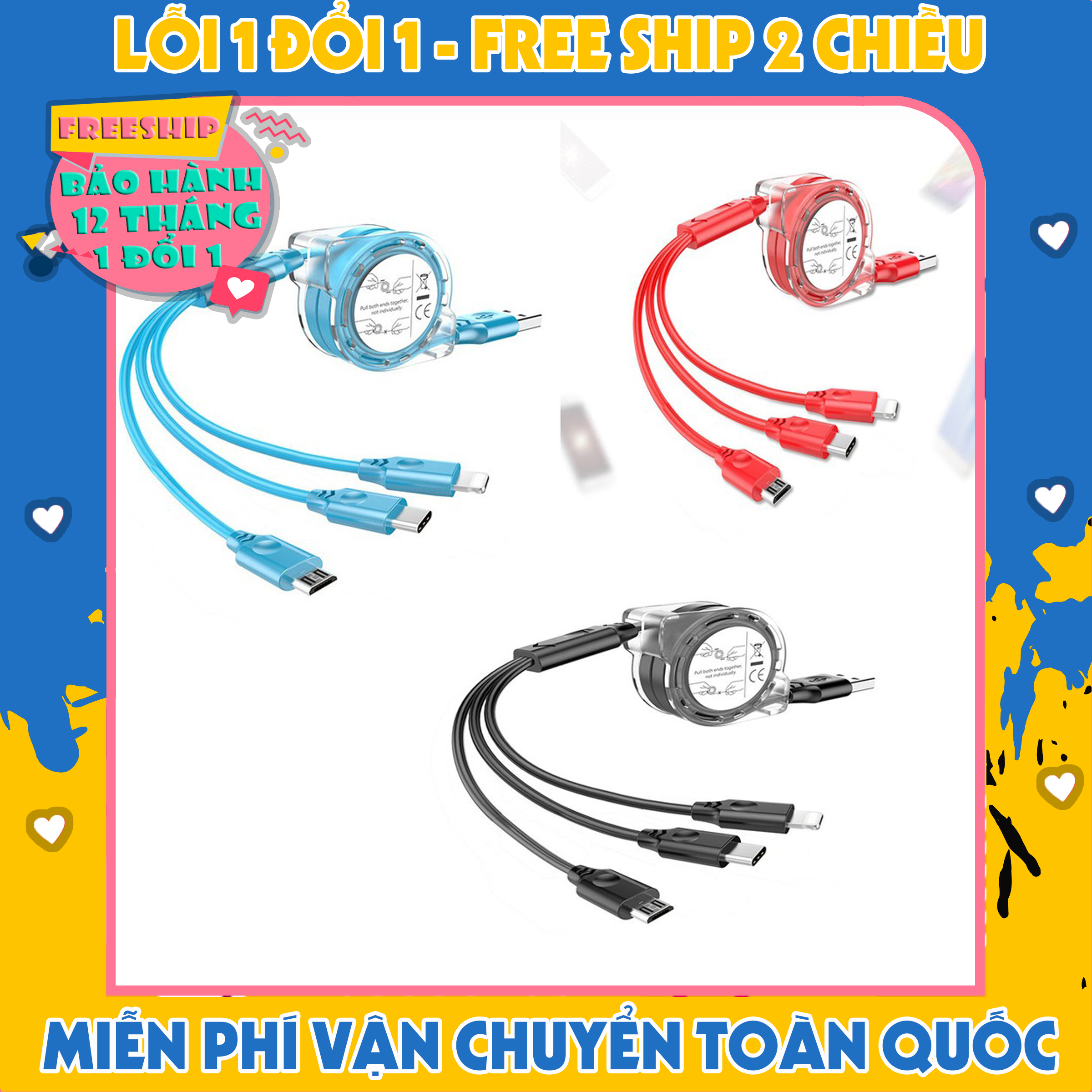 Cáp Sạc Điện Thoại Dây Kéo Cuộn Tròn 3 Đầu Lightning, TypeC, Micro USB