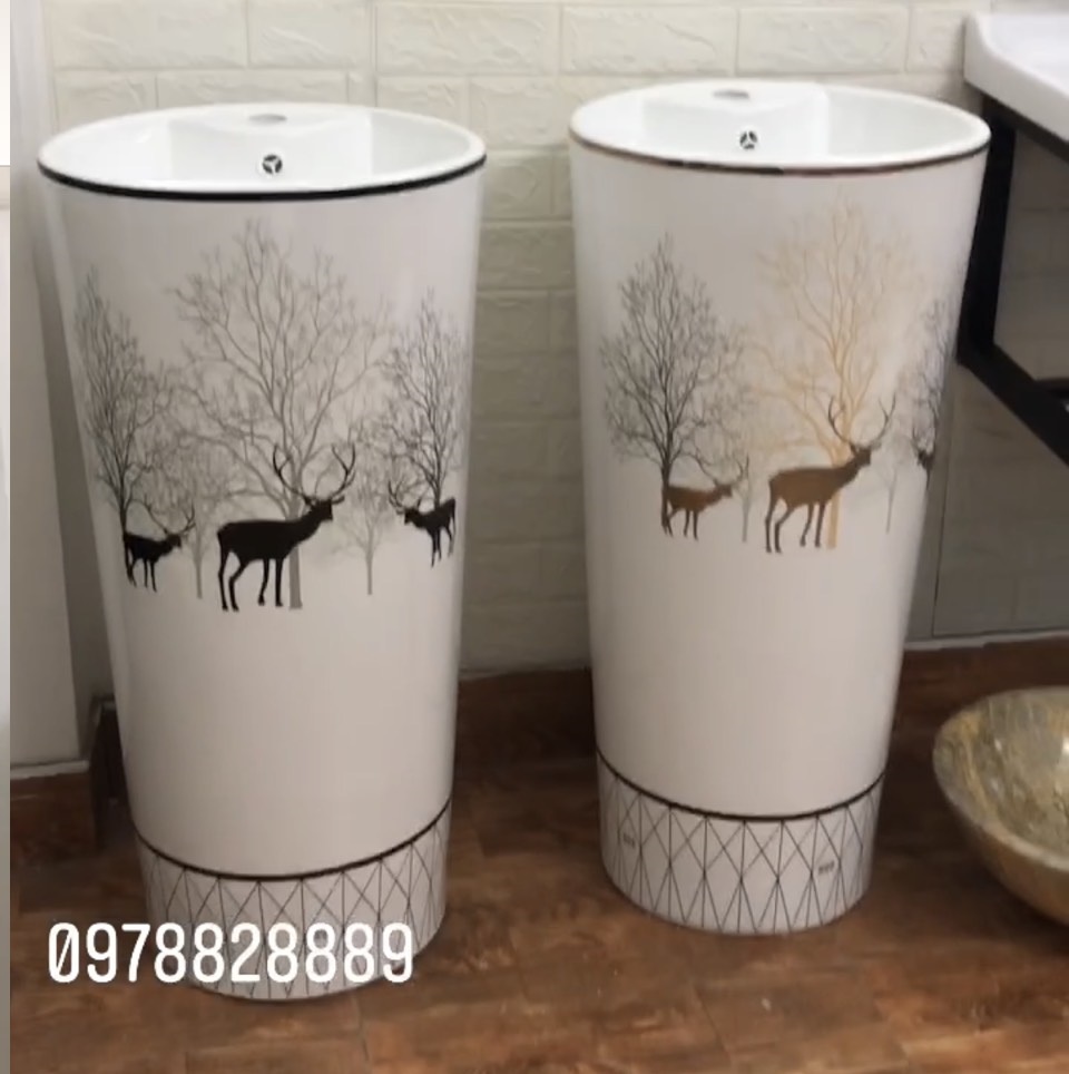 CHẬU RỬA MẶT, LAVABO CHÂN ĐỨNG, TRỤ TRÒN LIỀN KHỐI HÌNH HƯƠU NAI LỘC PHÁT GROVES GRLL0 (41x41x83)