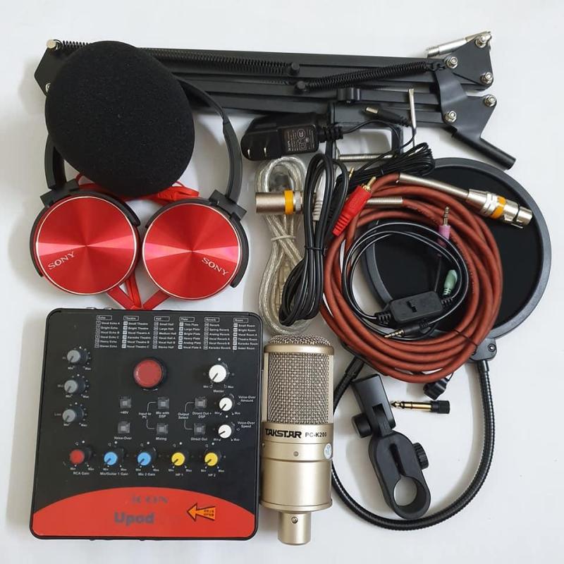 Bộ Combo mic livestream hát karaoke online micro takstar PC-k200 card icon upod.pro dây MA2 màng lọc chân kẹp tặng tai nghe 450