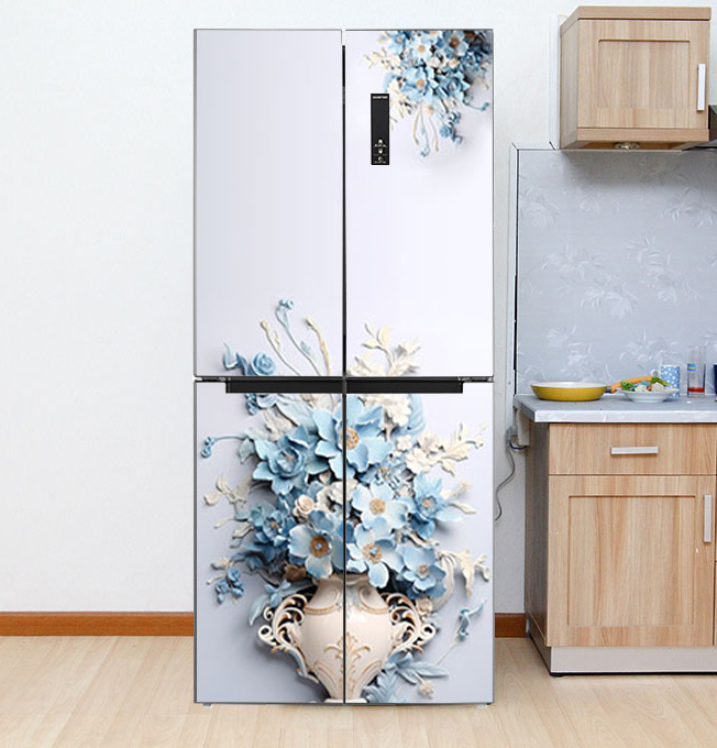 Decal dán Tủ Lạnh bình hoa xanh 3d chất liệu cao cấp