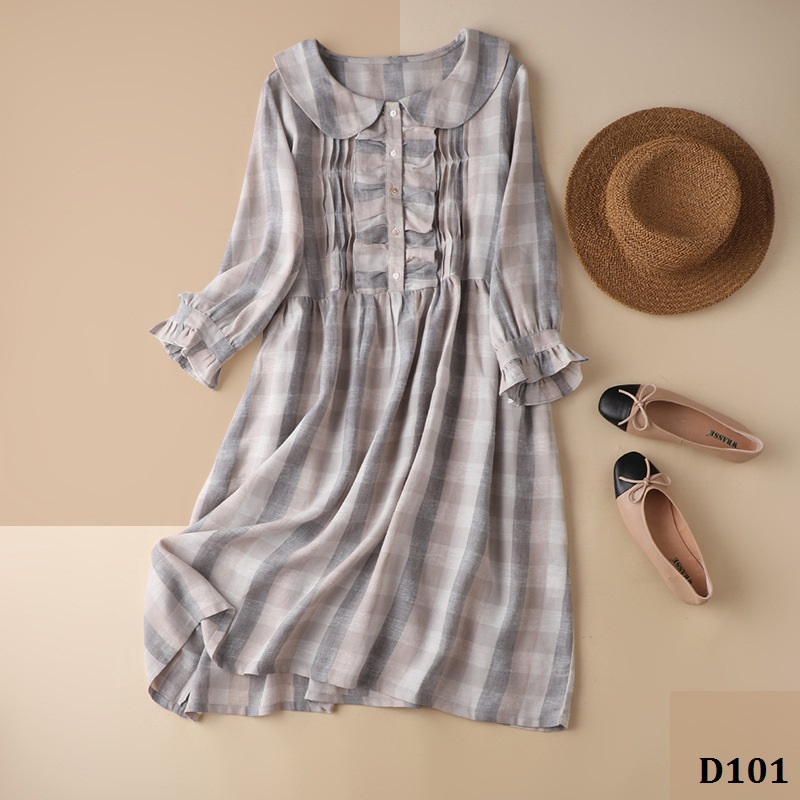 [HCM]D101-Đầm Linen Caro Cổ Điển