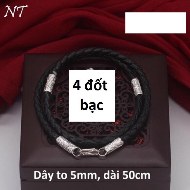 Vòng cổ dây da bọc bạc cho nam dài 50cm dày 5mm