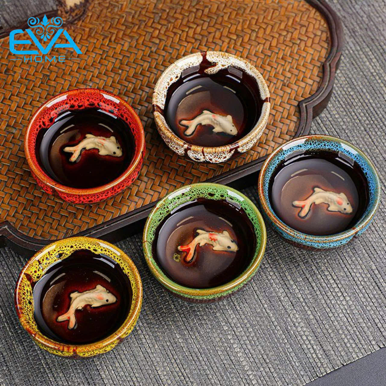 Bộ Ấm 5 Chén Trà Men Ngọc Hoả Biến Chén Trà Có Hình Cá Chép Nổi 4D Nhiều Màu