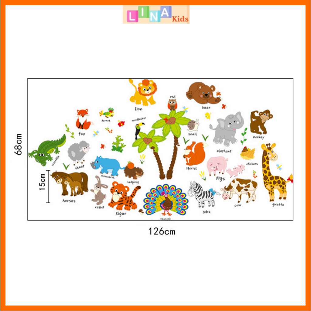 Decal dán tường vườn thú tiếng Anh (mẫu cây cọ to) - LINA Kids