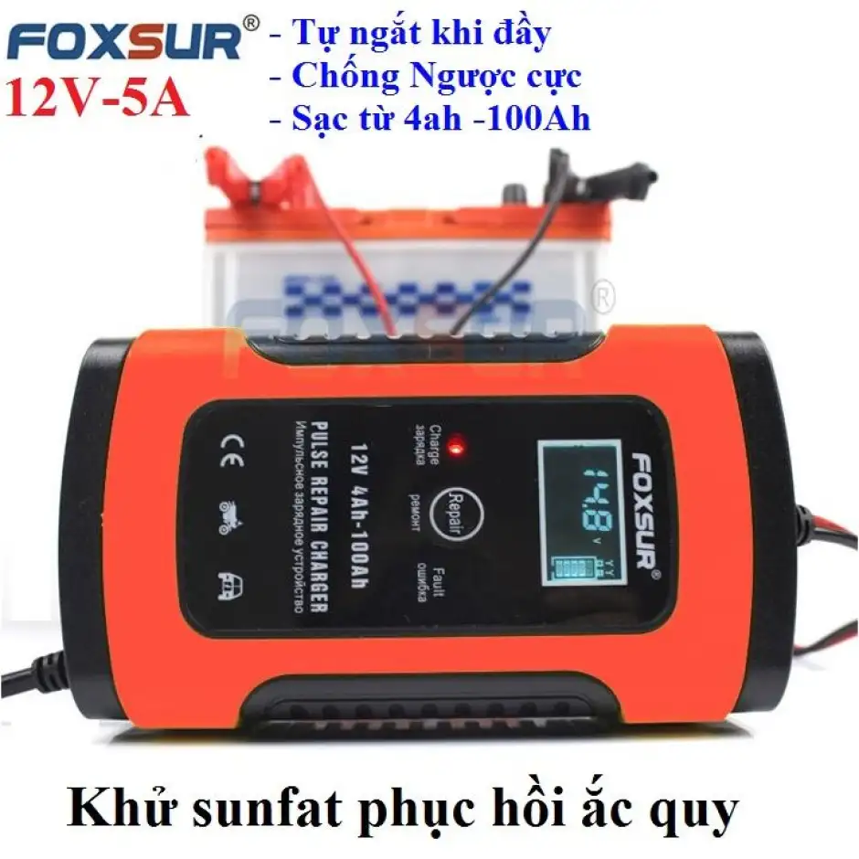 Sạc bình ắc quy 12V 5A FOXSUR có khử sunfat thông minh tự ngăt khi đầy chống ngược cực, may sac binh ac quy
