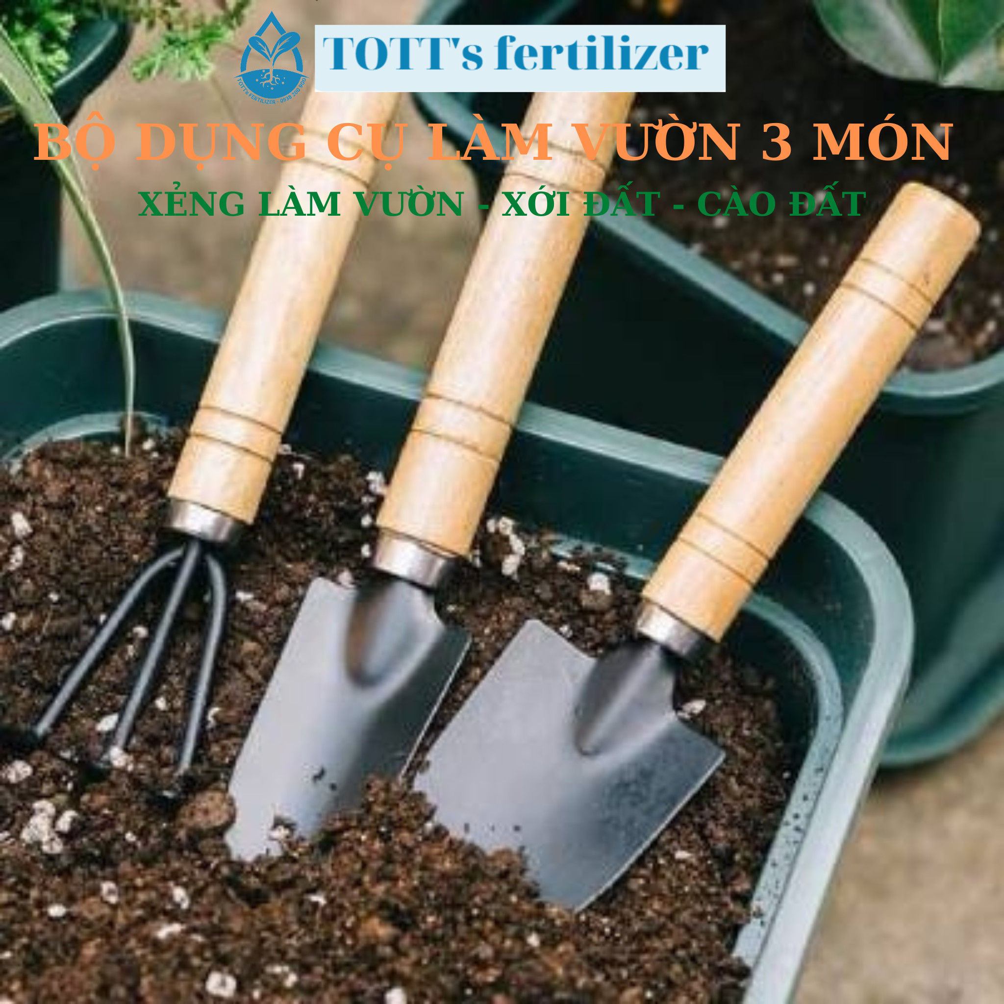 Dụng Cụ Làm Vườn To (Xẻng Làm Vườn - Xới Đất - Cào Đất) cán gỗ mini bộ 3 món