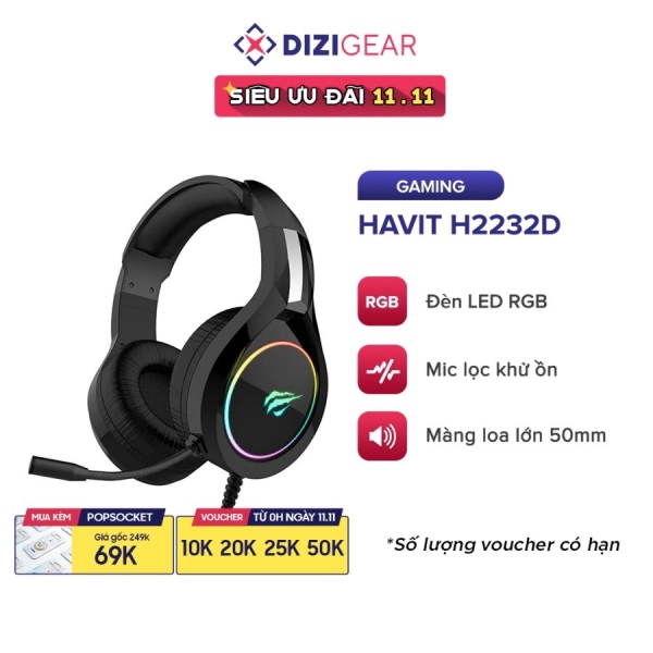 Tai Nghe Gaming Headphone HAVIT H2232D Driver 50 Đèn RGB Mic Khử Ồn Đa Tương Thích - Chính Hãng BH 12 Tháng Dizigear