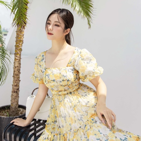 MAIIMER -  Đầm tơ in hoa vàng HEBE