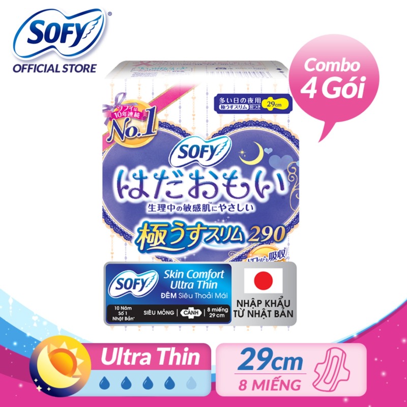 Combo 4 gói Băng vệ sinh siêu mềm mỏng Sofy Skin Comfort Ultra Thin 29cm có cánh gói 08 miếng (Nhập khẩu từ Nhật Bản)