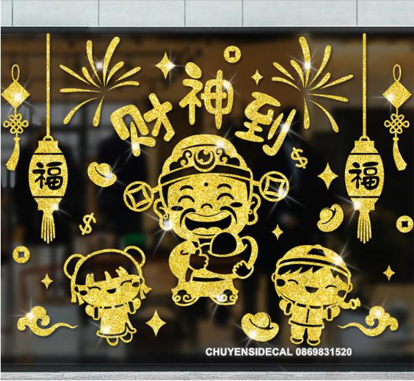 [HCM]Decal trang trí Tết - Ông Thần Tài Vui Xuân Nhũ Kim Tuyến