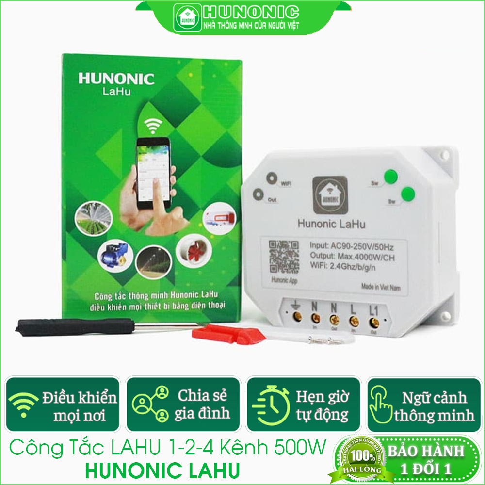 Công Tắc Thông Minh Wifi Hunonic Lahu 4 Kênh – 500W/kênh điều khiển mọi thiết bị từ xa qua điện thoại