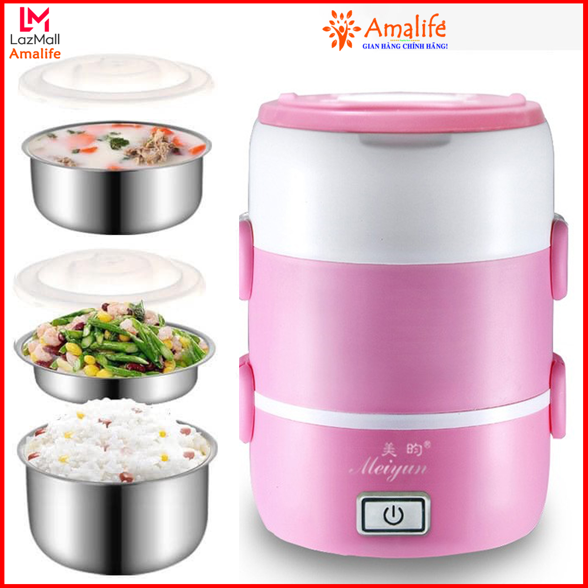 Hộp Cơm Giữ Nhiệt Cắm Điện Inox 3 Tầng, Camen Đựng Cơm Giữ Nhiệt, Hộp Đựng Cơm Cắm Điện Văn Phòng, Có Lõi Hâm Nóng Thức Ăn, Cặp Lồng Ủ Cơm 3 Tầng Inox - Hàng Chính Hãng Amalife