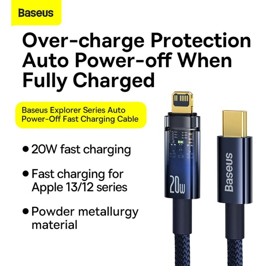 Cáp tự ngắt Baseus Explorer Series Auto Power-Off Fast Charging Data Cable Type-C to IP 20W sạc nhanh, tự ngắt điện khi sạc đầy[HÀNG CHÍNH HÃNG] - CATS000001