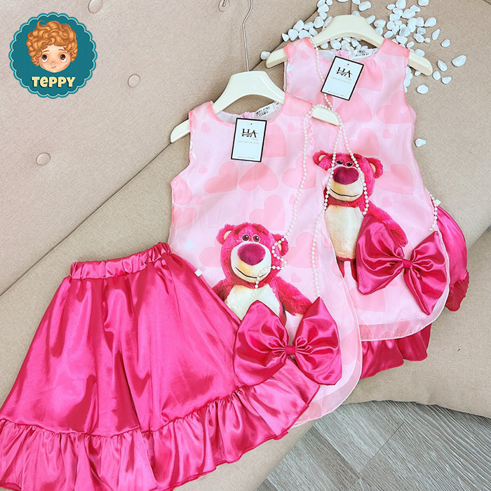 Set áo dài cách tân gấu dâu cho bé gái (set 3 món)