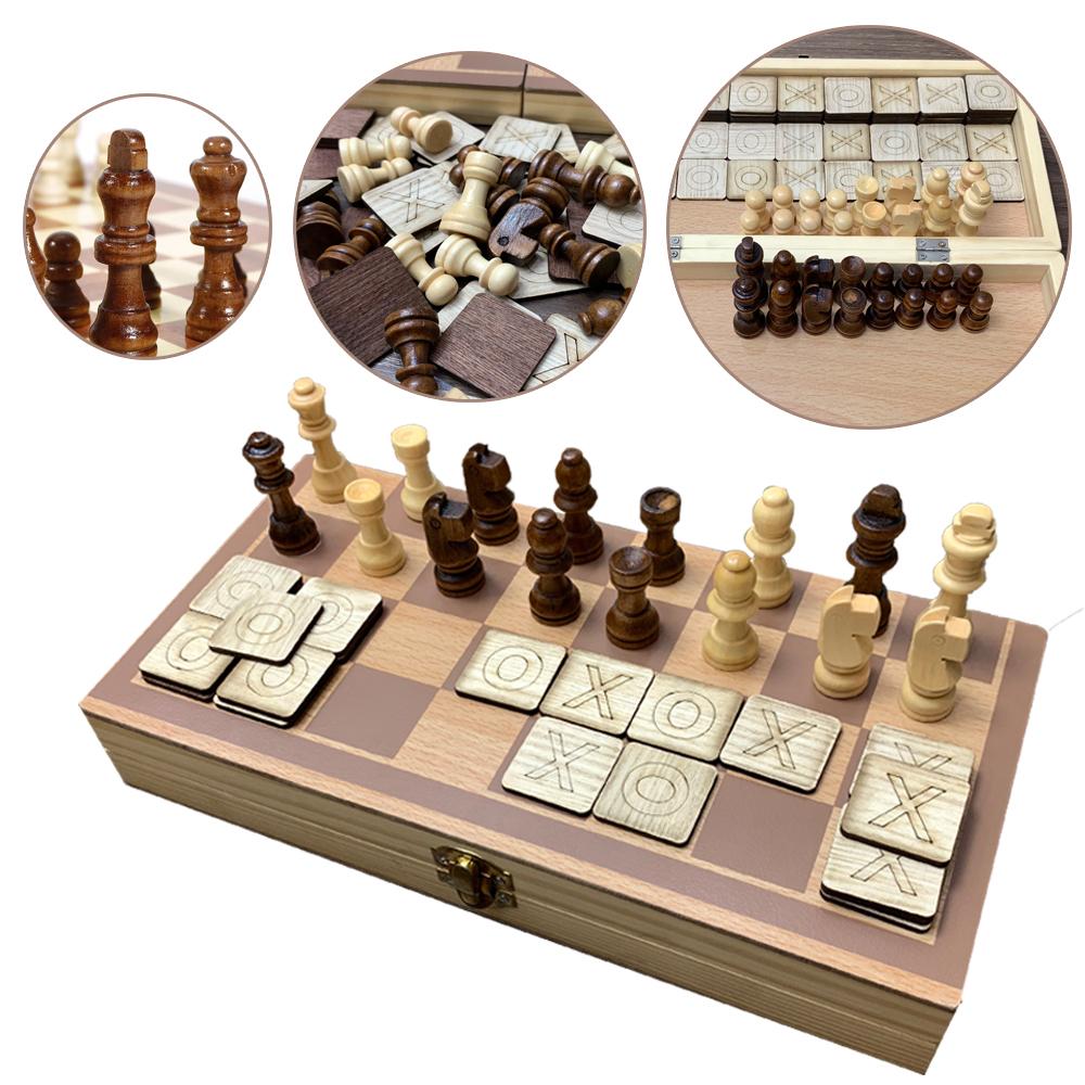 Đồ Chơi Trí Tuệ, Cờ Vua Gỗ Kết Hợp 64 Quân Cờ Caro, Trò chơi Giải Trí, Đồ Chơi Gỗ An Toàn Dành Cho Mọi Lứa Tuổi