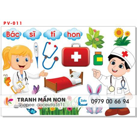 Decal mầm non-BÉ LÀM BÁC SĨ (GÓC PHÂN VAI) khổ to 127x80