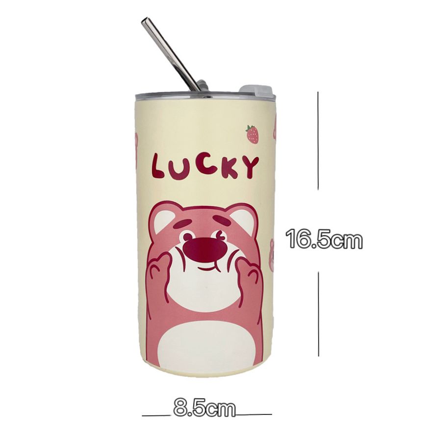 LY TRỤ GIỮ NHIỆT HOẠT HÌNH GẤU DÂU THIẾT KẾ XINH XẮN ĐÁNG YÊU DUNG TÍCH 600ML KÈM ỐNG HÚT , INOX 304 KHÔNG GỈ AN TOÀN SỬ DỤNG