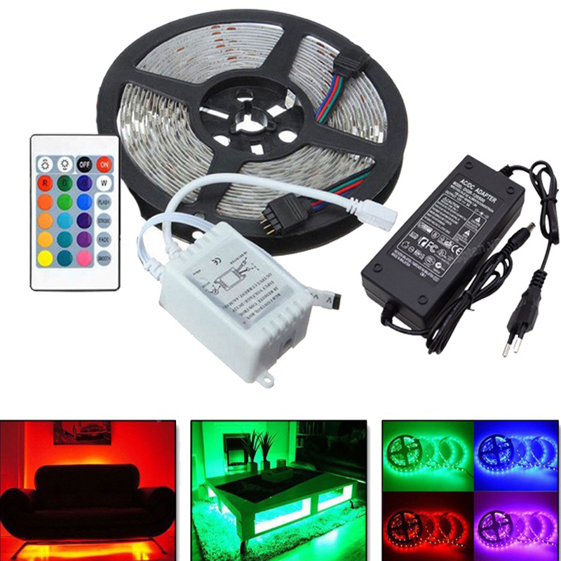Đèn Led cuộn dài 5m dây đổi màu 16 triệu màu RGB kèm sẵn nguồn, sẵn keo dán, điều khiển từ xa phủ Silicon chống nước