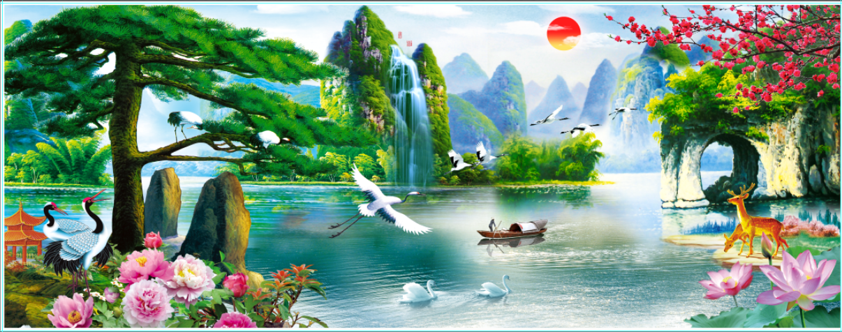 [Deal quà tặng] Tranh dán tường phòng khách sơn thủy hữu tình nhiều phong cách
