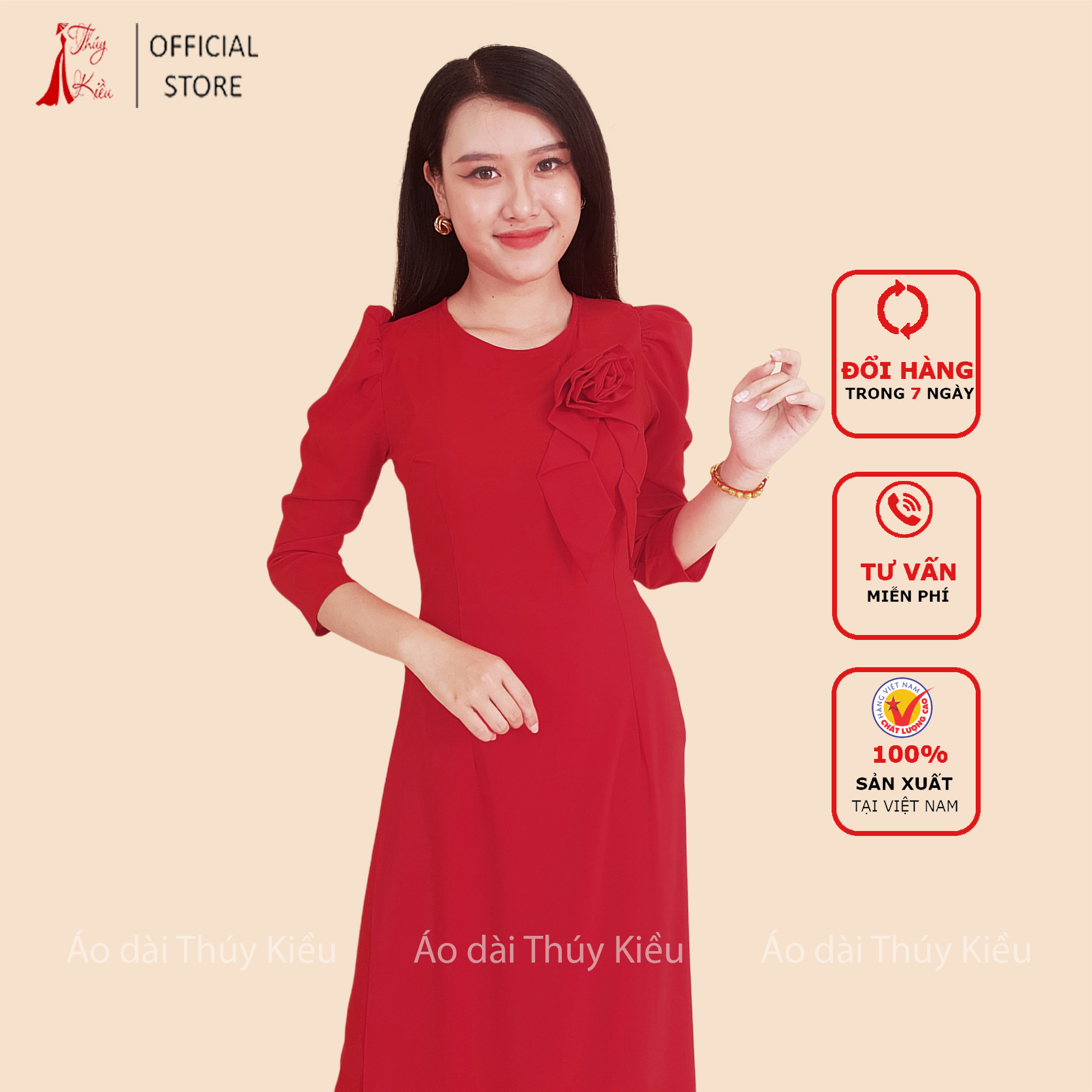 Áo dài trơn lụa Nhật cổ tròn màu đỏ tay bồng A03