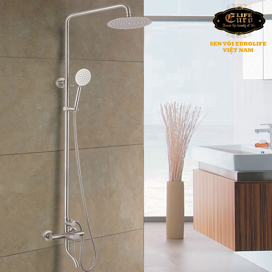 Bộ sen cây tắm đứng nóng lạnh Inox SUS 304 Eurolife EL-S918 3 chức năng, dùng tốt, không han rỉ ở môi trường nước phèn hay nhiễm mặn (Trắng vàng)