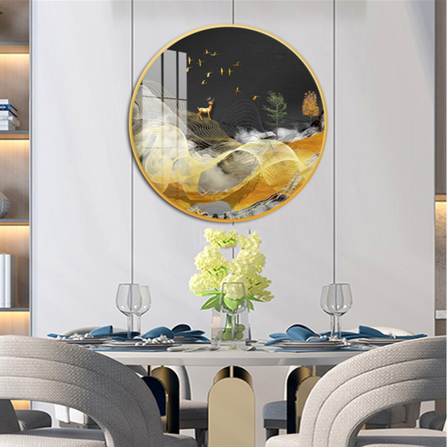 Tranh tròn tráng gương treo tường 3d - hươu và phong cảnh nghệ thuật tường vip