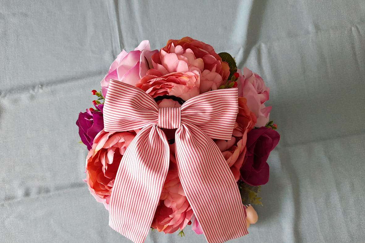 cột tóc nơ sọc trắng hồng phụ kiện tóc nữ