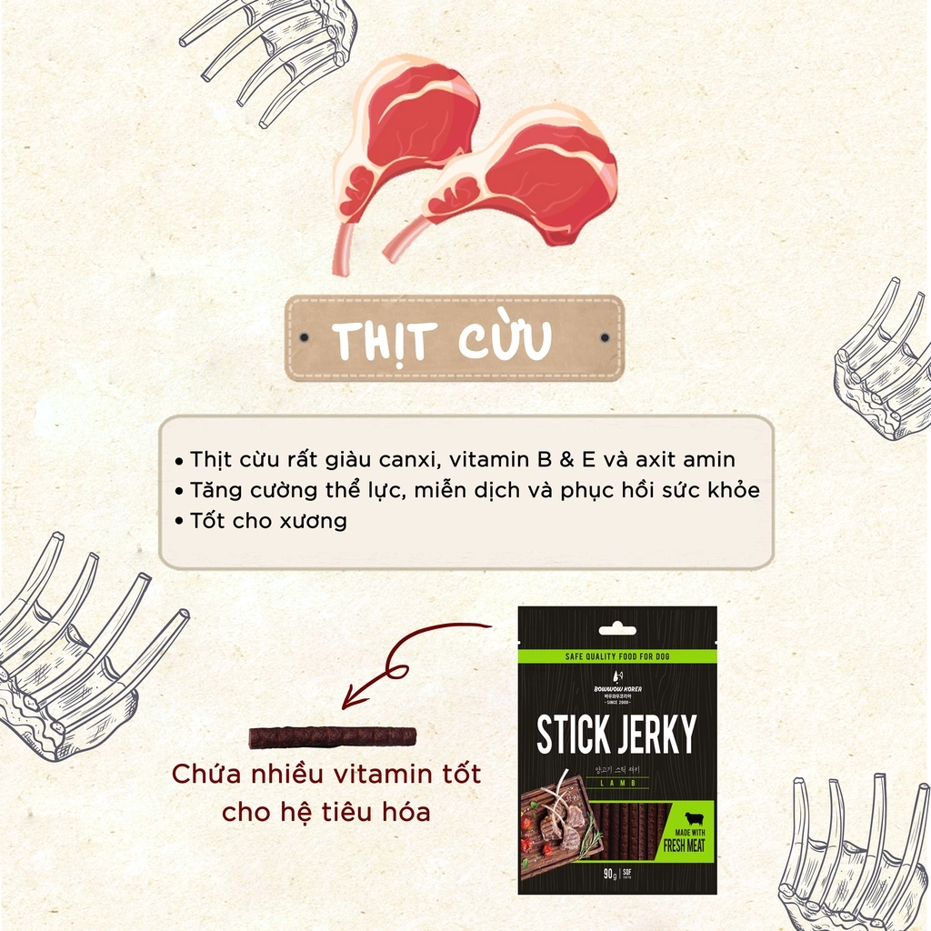 Bánh Thưởng Cho Chó Bowwow dạng que thịt mềm vị bò&cừu 90g