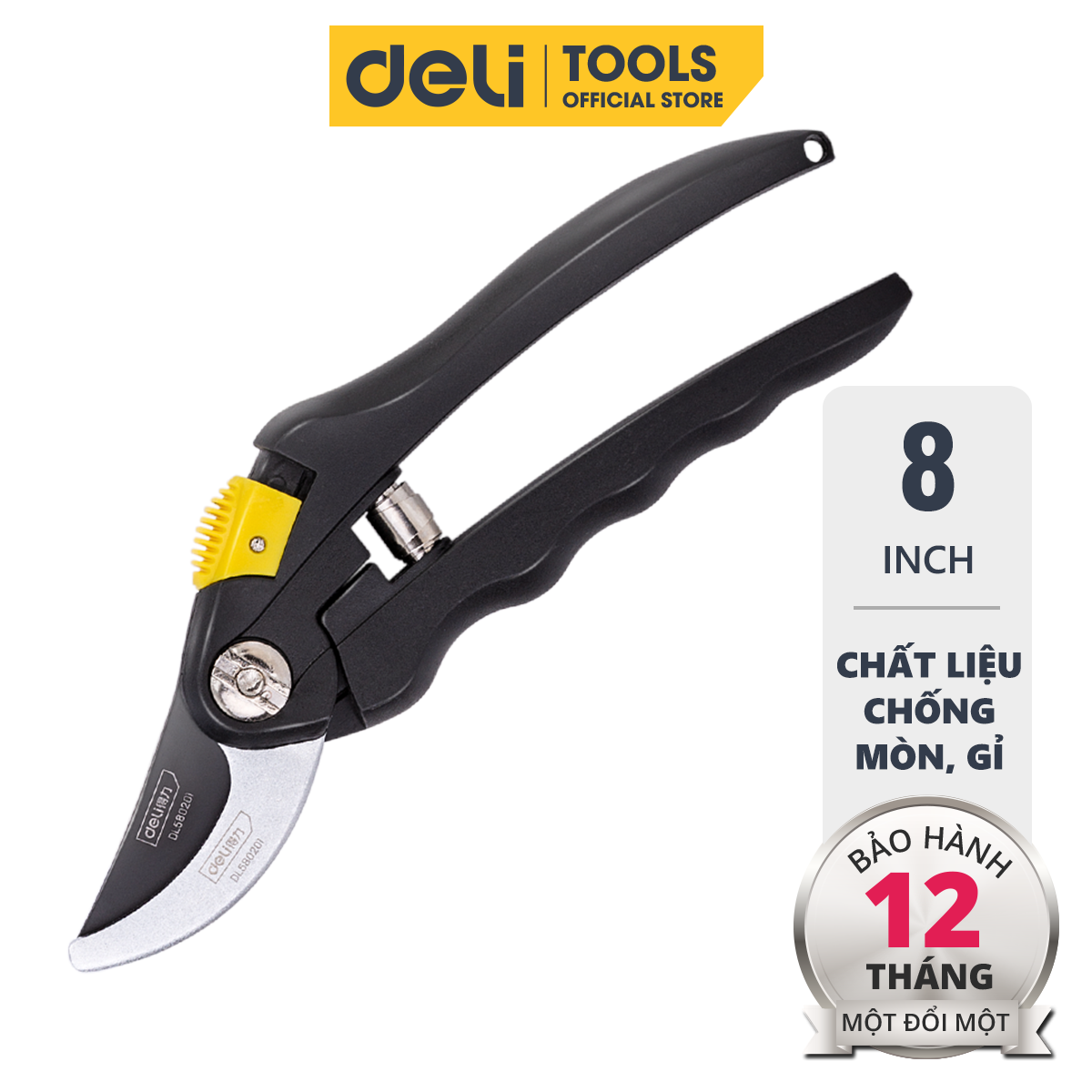 Kéo cắt tỉa cành cây deli chính hãng 8inch - lưỡi thép sắc bén, siêu bền, tay cầm đệm cao su an toàn, chắc chắn dl580201