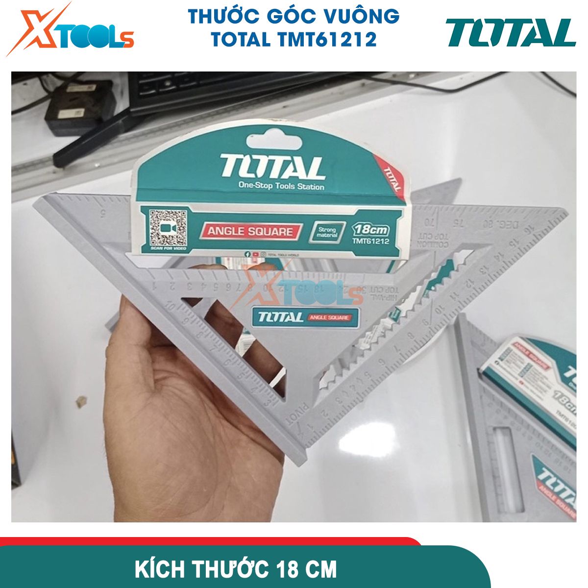 Thước eke vuông 180mm TOTAL TMT61212 nhựa ABS cứng chắc, hệ đo mét, cạnh góc vuông chia rõ dễ đọc XTOOLs