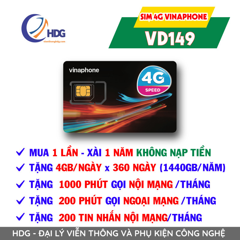 [Miễn phí 1 năm] SIM 4G Vinaphone VD149 4GB/ngày, Gọi Nội Mạng 30 Phút ,Ngoại Mạng 200 phút - viễn thông HDG