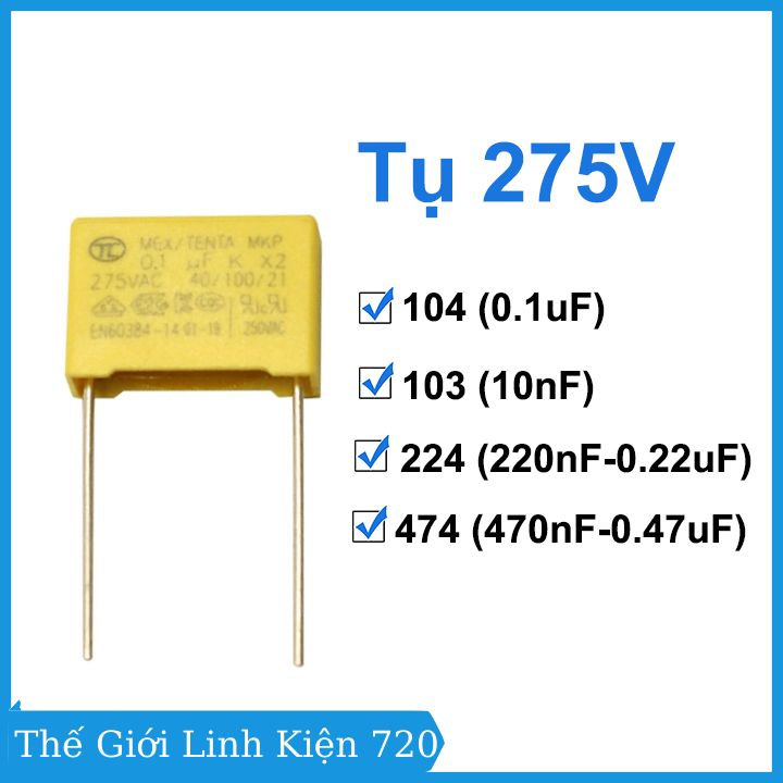 Tụ 275v, tụ lọc cao áp vuông màu vàng nhiều loại 103 / 104 / 224 / 474