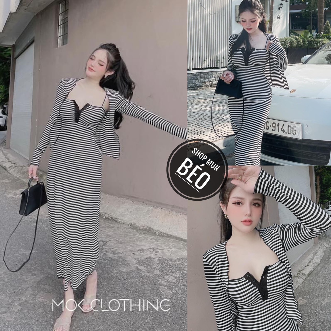 [MẪU MỚI] Set Đầm 2 Dây Phom Dài Cúc Cài Ngực Kèm Áo Khoác Chất Thun Gân Sọc Thích Hợp Mặc Đi Tiệc Đi Làm Đi Chơi