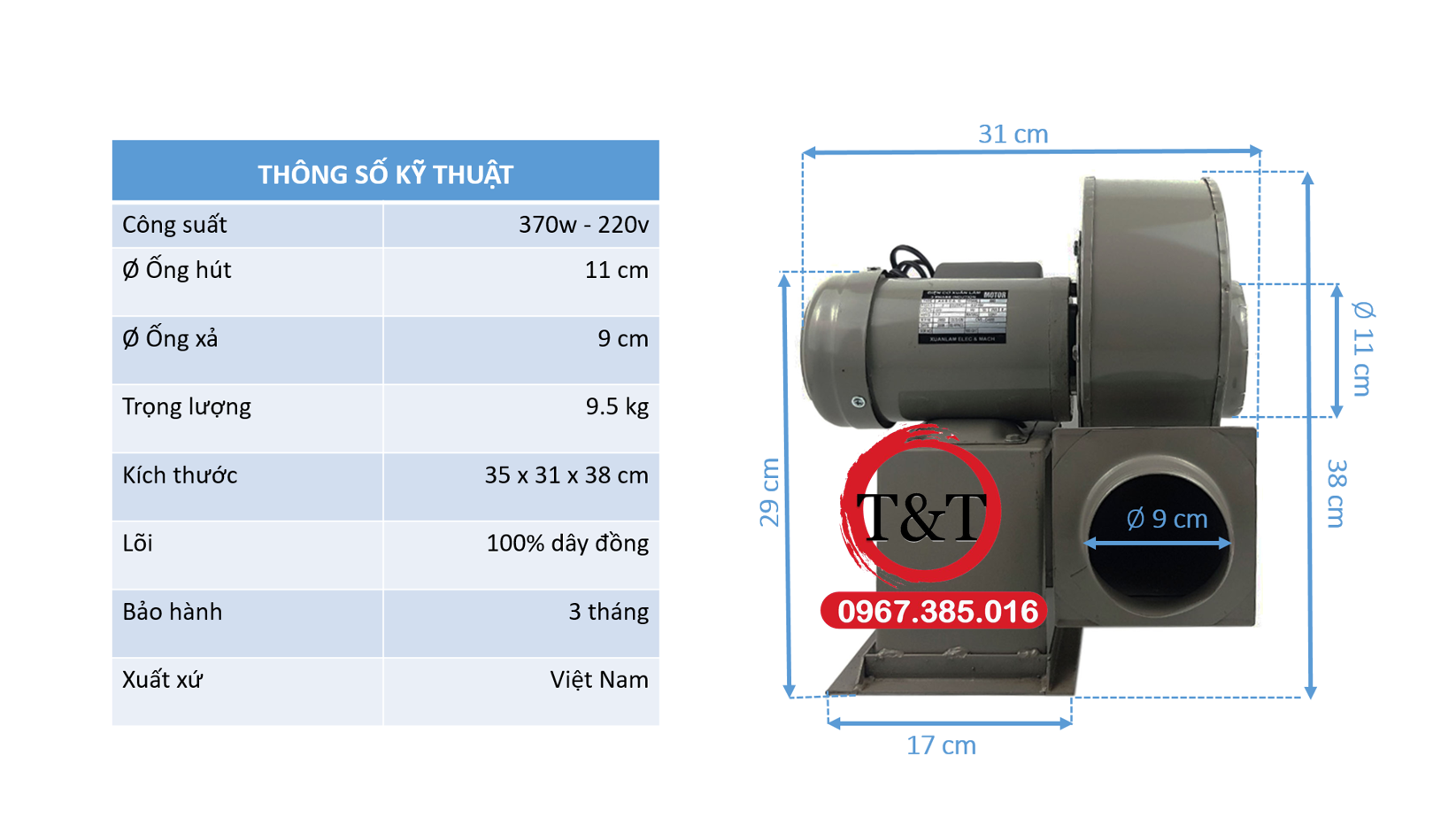 [HCM]Quạt sên (quạt ly tâm) công suất 370w - dây đồng 100%