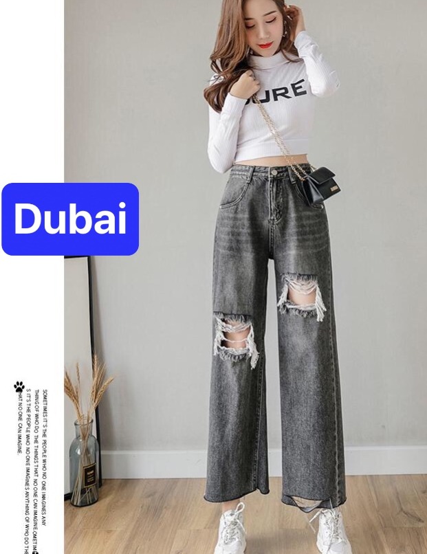 QUẦN BAGGY JEAN NỮ XÁM TRO CẠP RÁCH ỐNG RỘNG LOE LƯNG CAO NÂNG MÔNG NHẬT BẢN DB-102-  CAO CẤP - DUBAI FASHION