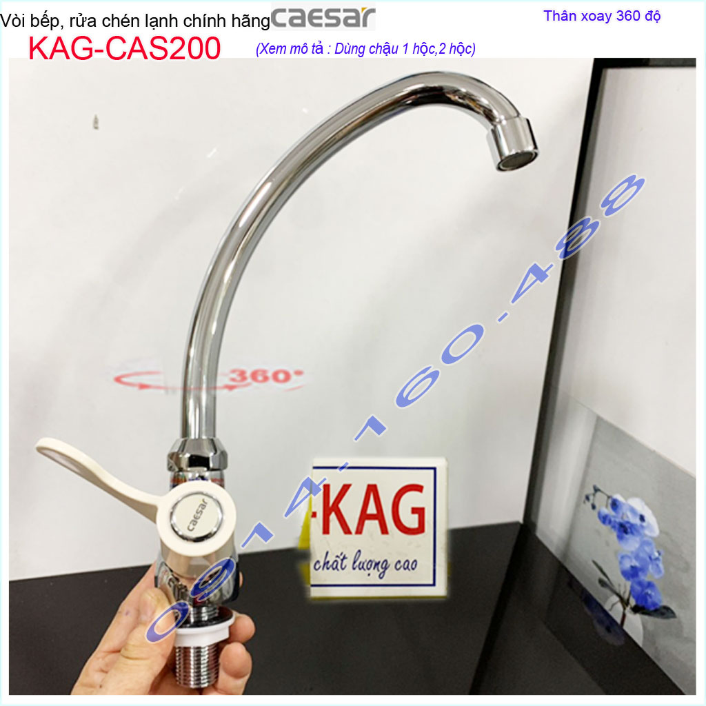 Vòi bếp lạnh Caesar KAG-CAS200 tay gạt trắng, Vòi chậu chén bát cần cong xoay 180 độ chất lượng tốt sử dụng siêu bền