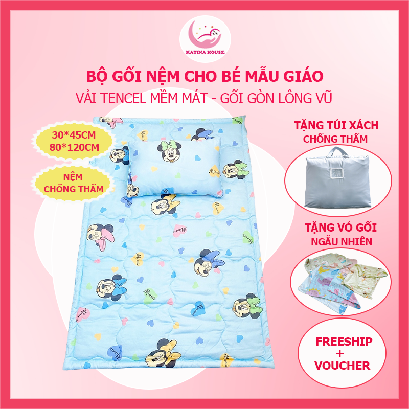 Bộ gối nệm cho bé mầm non 4-5 tuổi Katina House, vải tencel cực mềm mát thấm hút tốt