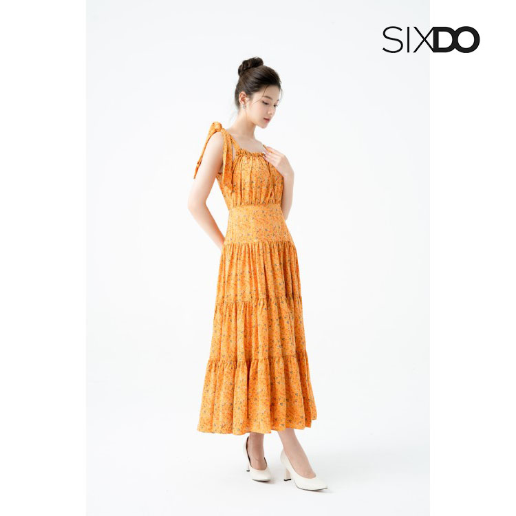 Đầm midi hoa lụa hai dây thắt nơ thời trang SIXDO (Orange Floral Strappy Midi Silk Dress)