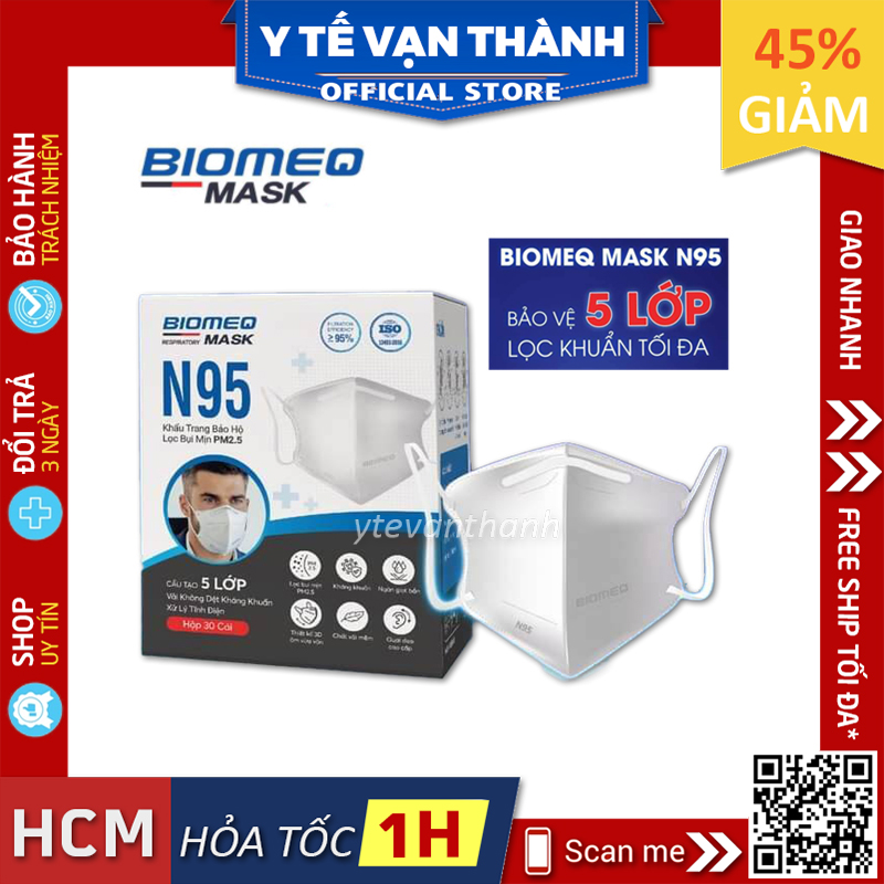 Khẩu Trang 3D N95 Biomeq MASK 5 Lớp Hộp 30 Cái Lọc Bụi PM2.5 Siêu Mịn 95%