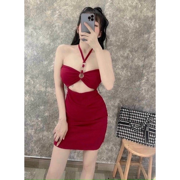 Đầm body 3 khoen gân len from ngắn