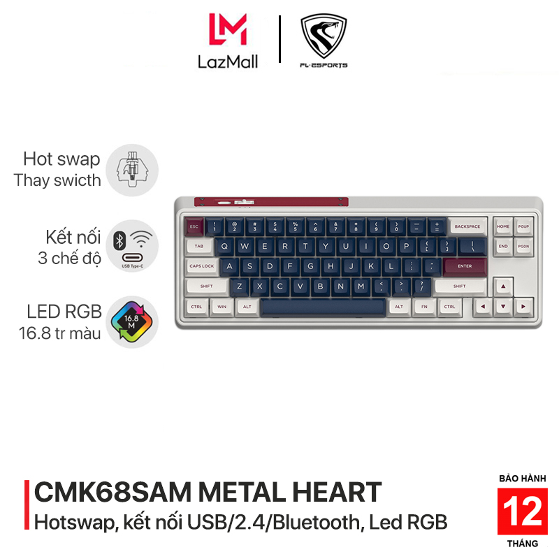 Bàn phím cơ chơi game không dây  FL-Esports CMK68SAM Metal Heart RGB 3 mode - 3 chế độ kết nối - Gateron cap switch - Pin 2000mAh